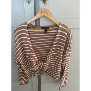 Forever 21 Brown White Striped Twist Front Cropped Sweater Womens Med Long Slv